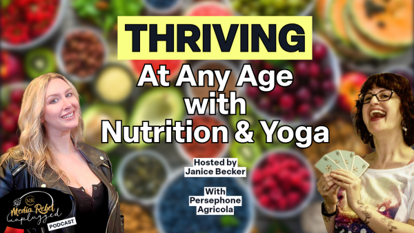 two women posing in front of a health food background with text