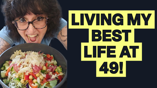 women eating salad silly with black background and text on screen